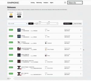 A music distribution platform screen displays a list of releases with details such as title, artist, release date, status, and options to edit or view each entry.